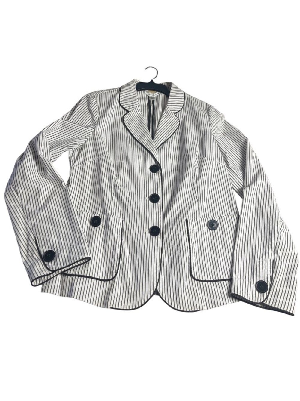 Talbots Womens Cotton-Blend Striped Blazer 12 Black & White Button Front Stretch